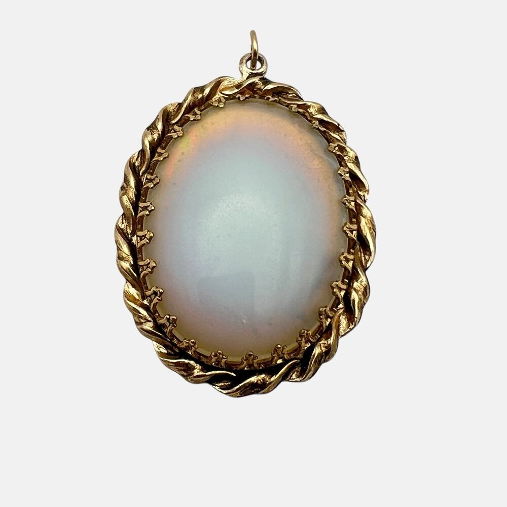 Vintage Japan Cabochon Pendant Opaline Glass Gold Tone Ethereal Retro Chic